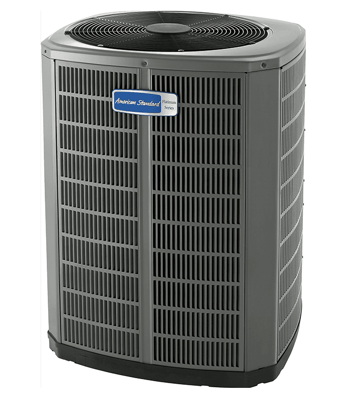 Outdoor American Standard air conditioner unit with the blue American Standard on the top.