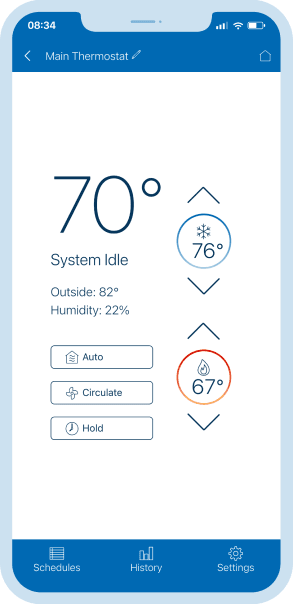 A smart phone displaying the current temperature onAmerican Standard home app.
