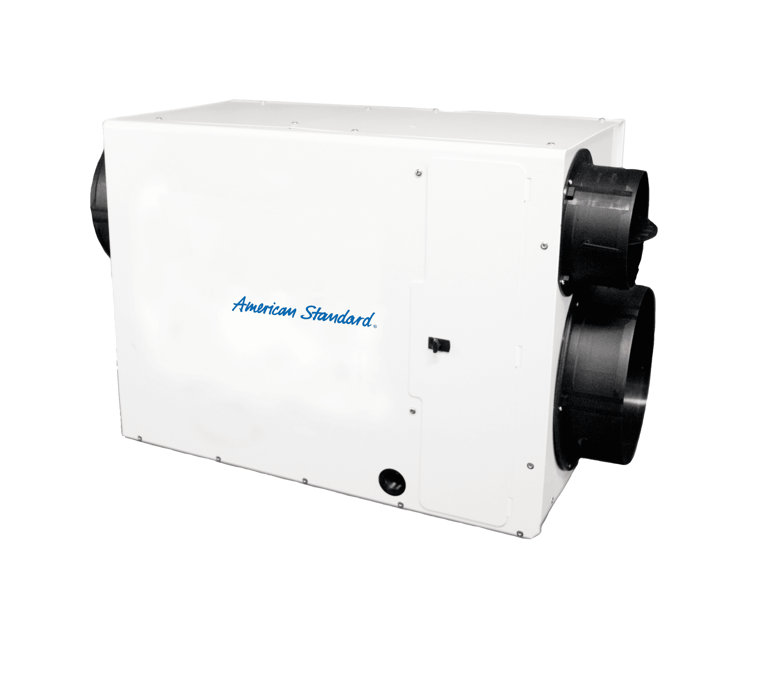 A dehumidifier unit with white metal box, black plastic fixtures, and blue American Standard logo.