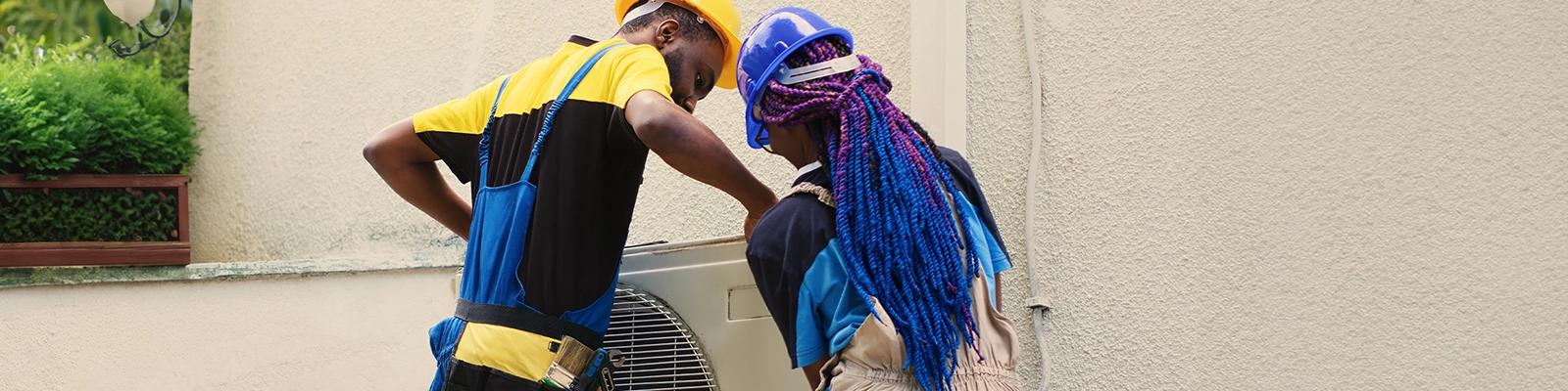 Two HVAC Technicians Installing an Outdoor Unit