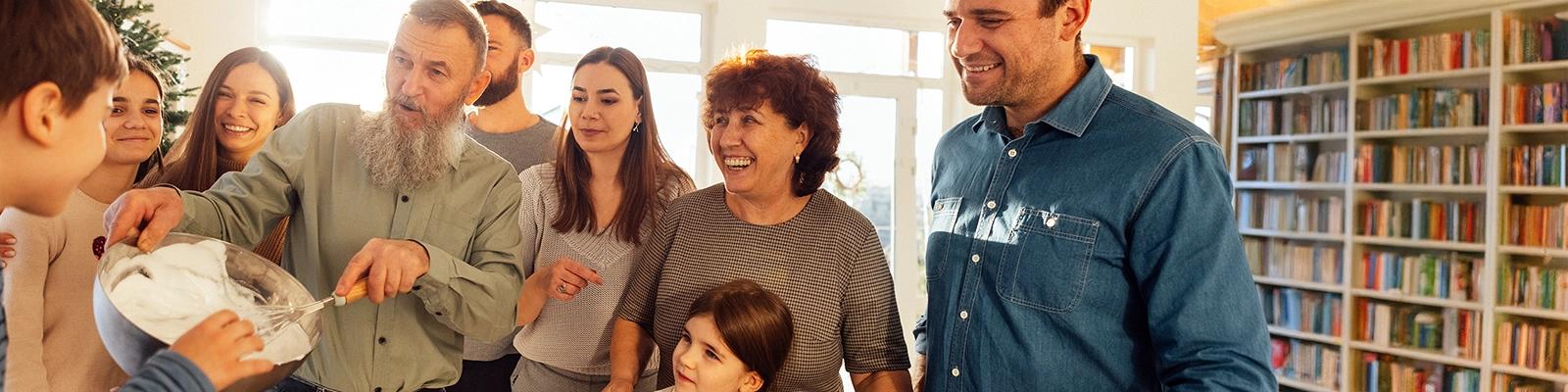 Large intergenerational family gathering.